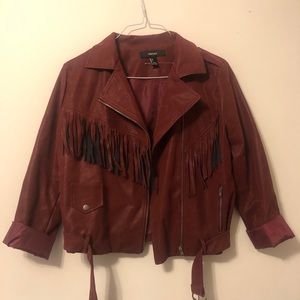 Burgundy fringe leather motorcycle western jacket